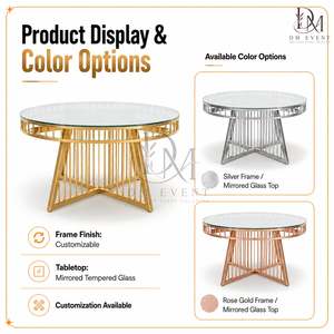 Table ronde d'événement en acier inoxydable doré avec base à tiges géométriques et plateau en verre trempé miroir, vente en gros - Product Image 4