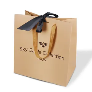 Wholesale luxury recyclable eco friendly custom logo printing brown kraft paper gift bags with ribbon handles for clothing