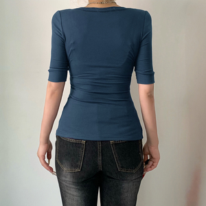 Vintage Lace Patchwork V-Neck Top Layered Look <b>Tie</b> Waist Peplum Hem Slim Fit Casual Daily Wear - Product Image 6