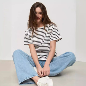 <span class=keywords><strong>Camiseta</strong></span> de manga corta a <span class=keywords><strong>rayas</strong></span> transfronterizas elegante de verano 2025 para <span class=keywords><strong>mujer</strong></span> estilo europeo americano versátil cuello blanco negro Nuevo - Product Image 2