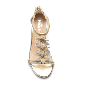 <span class=keywords><strong>Sandali</strong></span> con Tacco a Blocco Dorato per Ragazze, Punta Aperta con Decorazione Floreale in Strass, Cinturino a T alla Caviglia, Scarpe Eleganti per Primavera Estate e Feste - Product Image 2