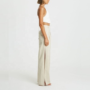 <span class=keywords><strong>Pantaloni</strong></span> donna vita alta rilassato FIT passanti cintura <span class=keywords><strong>spacchi</strong></span> <span class=keywords><strong>laterali</strong></span> funzionali tasche <span class=keywords><strong>laterali</strong></span> anteriori 55% lino 45% cotone <span class=keywords><strong>pantaloni</strong></span> svasati - Product Image 3
