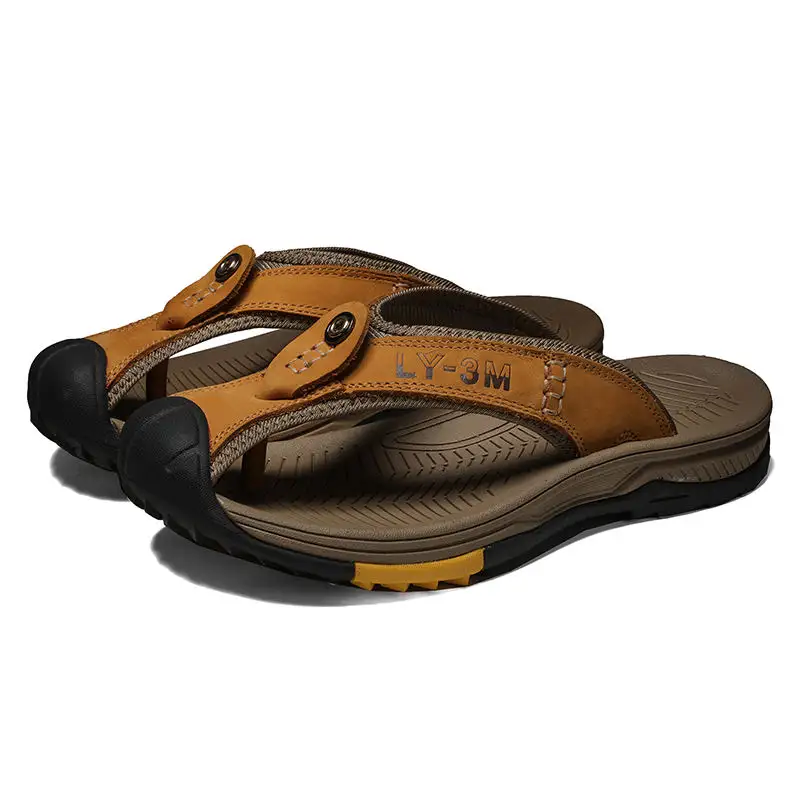 Summer Sandals GENUINE LEATHER Sliders Large size outdoor Slippers Flip Flop For Men Sandal Garden Shoes Men Clogs