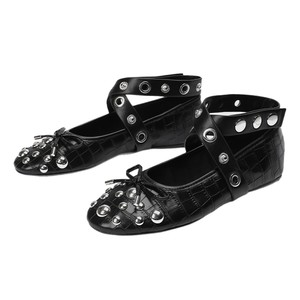 French Black <b>Bow</b> Rivet Ballet Flats, Round Toe Cross Strap European Shallow Mouth Mary Jane Shoes For Women Daily Wear - Product Image 5
