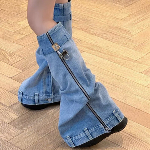 Bottes en jean à plateforme pour femme, à talon compensé, avec fermeture éclair décorative et coupe ajustée - Product Image 3