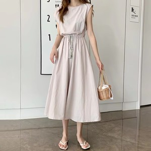 Abito lungo casual senza maniche con coulisse in vita a trapezio da donna, tinta unita, estivo, per vacanze, vestito midi da donna, vestibilità ampia, all'ingrosso - Product Image 1