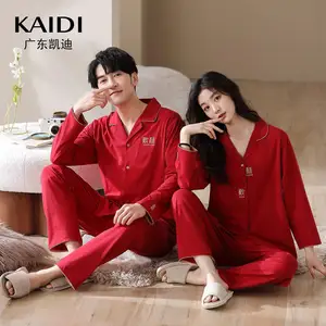 [Gelukkig Goede Betekenis] Lente En Herfst Nieuwe Gebreide Katoenen Comfortabele Zachte Lange Mouw Feestelijke Rode Paar Pyjama