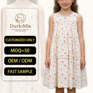 Robe pour filles en coton doux tissé à fleurs à volants superposés col rond longueur genou douce légère imprimée tenue d'été 2-<span class=keywords><strong>14</strong></span> <span class=keywords><strong>ans</strong></span> - Product Image 1