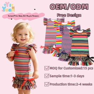 Combinaison à manches volantées pour bébés filles nouveau-nées, rayures vibrantes, imprimé géométrique aztèque, nœud décoratif sur le poignet, vente en gros avec option personnalisée - Product Image 1