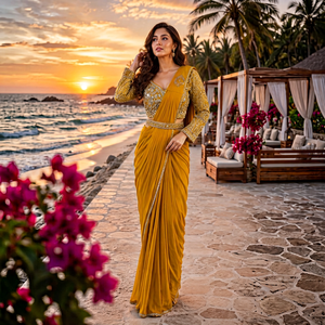 Sari en soie douce jaune moutarde élégant avec chemisier brodé pour femme, style Inde Pakistan, longueur ras du sol, pour mariage et fête - Product Image 1
