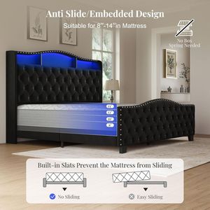 Cama <span class=keywords><strong>King</strong></span> Size Moderna Belin con Cabecera Tapizada en Terciopelo, Luces LED, Almacenamiento/Estación de Carga, Botones Táctiles - Product Image 5