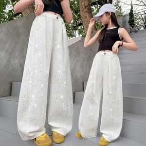 Pantalon à jambes larges pour filles, décoré de strass, en mélange de coton fin anti-moustiques, pour grandes filles, vêtements d'été - Product Image 1