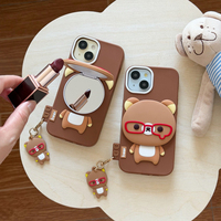 Casing Handphone Beruang Kacamata Kreatif dan Lucu dengan Cermin dan Penyangga untuk iPhone 17 16 Pro Max 14 13, Bahan Silikon Lembut Anti Benturan