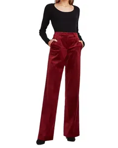 2021 सर्दियों महिलाओं नरम देवियों आरामदायक लाल Velour उच्च कमर सीधे मखमल पैंट जेब के साथ