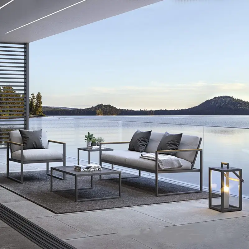Divano esterno cortile padiglione in lega di alluminio combinazione balcone terrazza ombrellone impermeabile mobili da esterno Teak divano