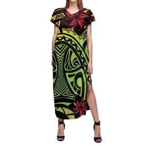 Polynesian Pattern Women's Summer Wrap Maxi Dress Casual Boho Floral V Neck Short Sleeve Side Pocket Split Beach Long Dresses