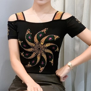 Shiny <strong>Rhinestone</strong> Off Shoulder <strong>Tops</strong> Windmill Pattern <strong>Mesh</strong> Tee <strong>Tops</strong> Nightclub Short Sleeve Shirts for Women - Product Image 2