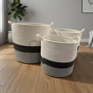 Ensemble de paniers de rangement multi-usages modernes, pliables, en corde de coton, écologiques, de forme circulaire de haute précision, style rustique et charmant, trois pièces - Product Image 2