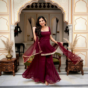 Traje Anarkali Borgoña, Choli Indio Pakistaní con Bordado, Dupatta de Red con Borde Bordado, Cuello Cuadrado, para Fiestas, Bodas, Graduaciones, Diwali - Product Image 1