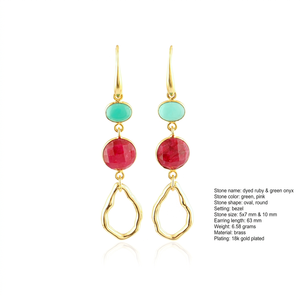 Women's <b>Earrings</b> Green Onyx and Dyed Ruby Geometric Drop <b>Earring</b> Brass 18k Gold Plated Bohemia Style Wholesale Fashion Jewelry - Product Image 1