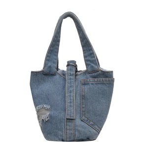 Forest-Style Denim Hand-Held <b>Small</b> <b>Bucket</b> Bag Womens Summer Open Mouth Polyester Fashionable Bag Tanjing - Product Image 5