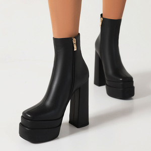 Bottines à talons hauts en cuir tendance et élégantes pour femmes - Product Image 1