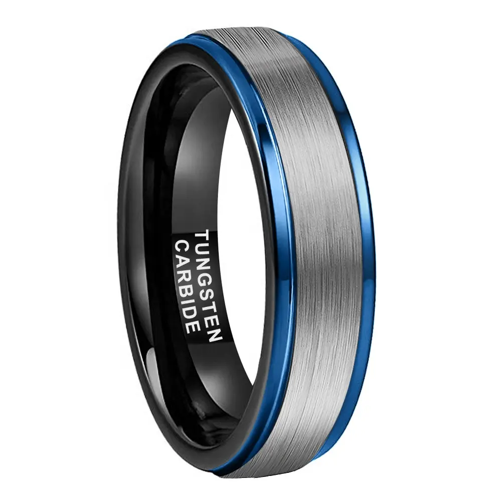Coolstyle Jewelry 6mm Blue Black Tungsten Carbide Ring for Men Women Engagement Band Brushed Finish Silver Surface Comfort Fit