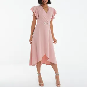 Penjualan laris gaun midi midi hem dip merah muda kasual pantai musim panas wanita