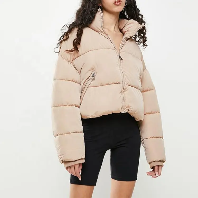 Wholesale Custom Fashion Ladies Zip Up Long Sleeve Ribbed Cuffs Winter Bubble Down Jackets Cropped Puffer Jacket Women