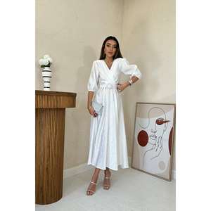 Robe Cache-Cœur Élégante Blanche Scintillante Ceinturée Coupe Trapèze Col V Tissée Respirante pour Usage Quotidien Décontracté - Product Image 4