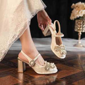 7222A-226 Zapatos de Tacón Alto con Lentejuelas para Boda, Punta Cuadrada, Tacón de Bloque, Correa al Tobillo, Adornados con Cuentas, Estilo Mary Jane, Tacón de 5cm-8cm, Ligeros - Product Image 4