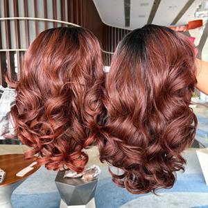 14 Inch Copper <strong>Brown</strong> Layered Bob <strong>Wig</strong> 13*6 Lace Frontal Bob Glueless <strong>Wig</strong> With Black Roots Synthetic Blend Hair <strong>Wig</strong> for Women - Product Image 2