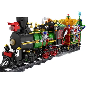 Cetakan King 12012 Selamat Natal 1296 buah mainan kereta listrik blok bangunan kereta uap dengan kotak musik Trek