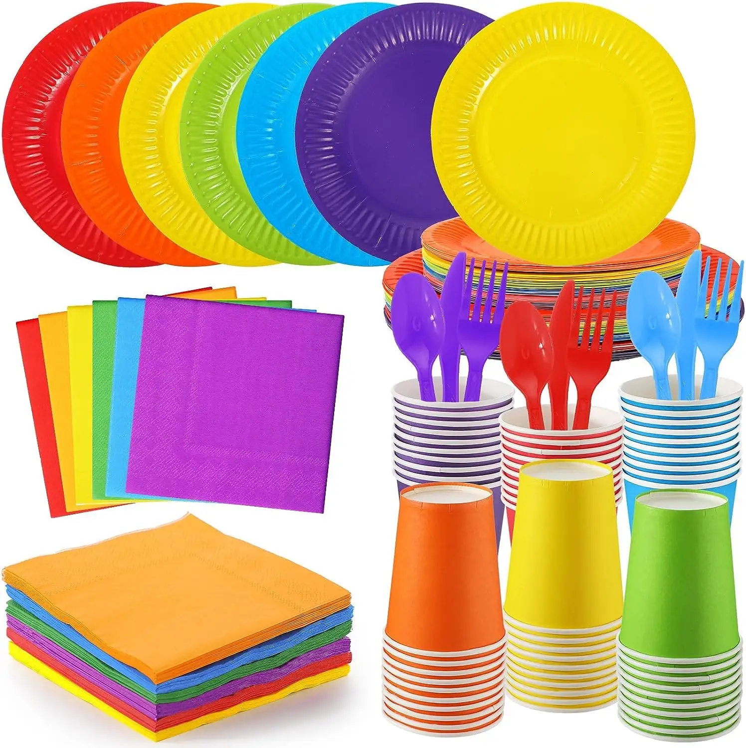 Conjunto de utensílios de mesa descartáveis para festas, pratos de jantar, pratos de salada, copos, guardanapos, utensílios para festas, arco-íris, papel colorido