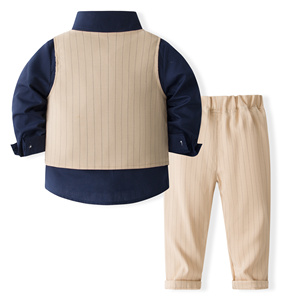 Catpapa Vente en gros Ensemble 4 pièces pour garçons : Chemise marine, <span class=keywords><strong>gilet</strong></span> rayé kaki, pantalon et nœud papillon – Tenue de cérémonie pour enfant - Product Image 2