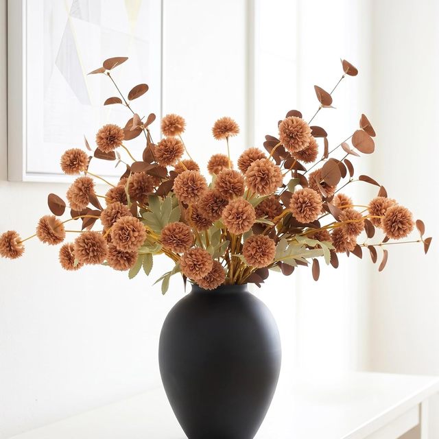 10 Artificial Ping-pong Chrysanthemums with Stems Plus 2 Eucalyptus Branches Realistic Autumn & Winter Floral Arrangement