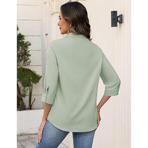 Chemise en mousseline de soie pour femmes, boutonnée, manches 3/4, col en V, chemisier décontracté pour tous les jours - Product Image 4