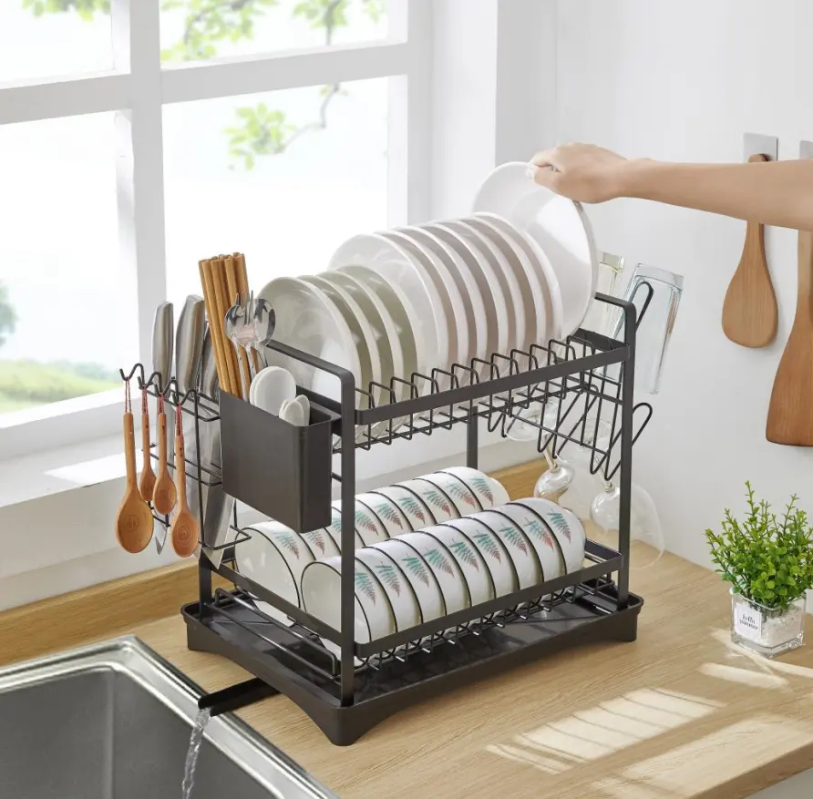 2 Tier Over The Sink Kitchen Large Capacity Dish Rack Drainer Dishes Drying Rack Double Kitchen Storage Shelf