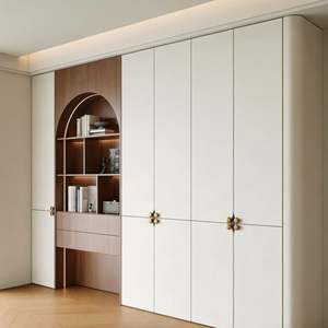 BALOM Custom Beige & Wood-Tone <b>Wardrobe</b> Combination with Arched LED Niche Brass Hardware Sleek Bedroom Storage Cabinet - Product Image 2