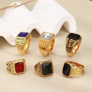 Anillos de moda únicos grabados para hombre y mujer, joyería de acero inoxidable chapado en oro