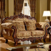 Ensemble de Canapés Antiques en Bois Massif 7 Places, Salon de Luxe Style Classique Arabe Moyen-Orient en Tissu