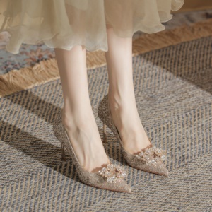 Winter French Pointed Rhinestone High Heeled Shoes Stiletto <b>Heel</b> Genuine Leather Upper Evergreen Sexy Phoenix Style - Product Image 6