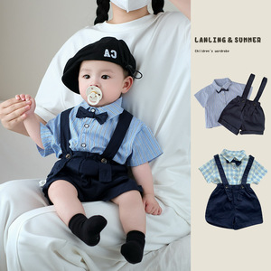 Ensemble d'été pour enfants, garçons et filles, chemise à manches courtes et pantalon à bretelles, deux pièces en coton rayé et à carreaux, pour bébés de 100 jours - Product Image 2