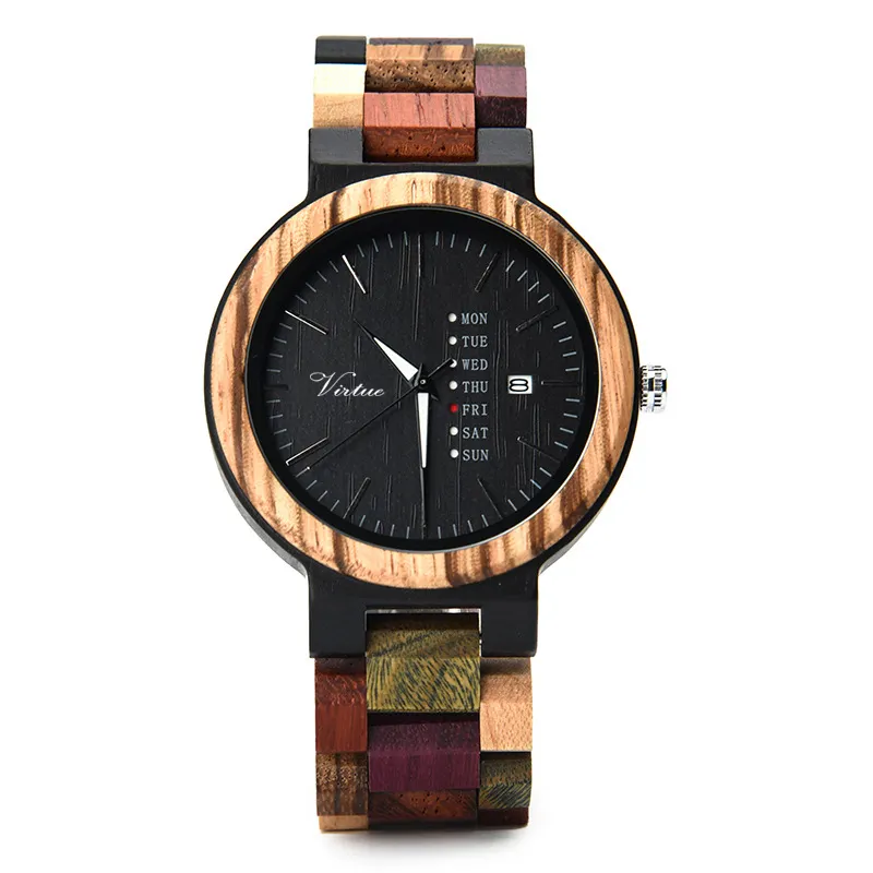 Colorful Men Women Wooden Wrist Watches Week Date and Week Display Handmade Wood Watch For Couple