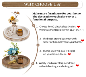 Plateau décoratif rond en bois blanc à perles lavées de style campagnard Plateau à café décoratif pour table - Product Image 5