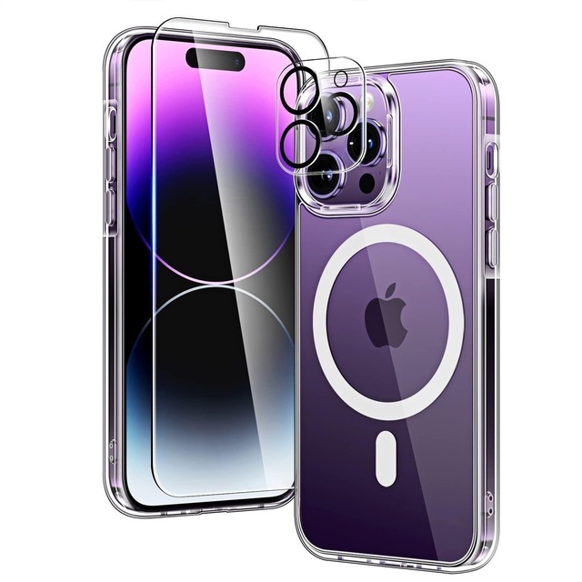 New 3 in 1 Magnetic Clear Mobile Cell Phone Case and Shockproof Glass Screen Protector for iphone 14 15promax Phone Accessories