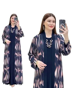 2023 gaya Timur Tengah cetak lengan panjang elegan kasual Abaya Kaftan Set Afrika Wanita 2 buah Set K0294