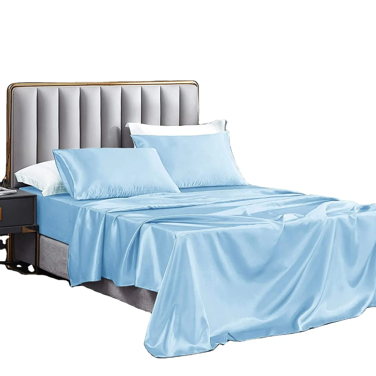 Sábanas de seda satinada de lujo, juego de sábanas de cama de satén de tamaño doble XL con bolsillo profundo de Color sólido, ropa de cama de satén suave y refrescante