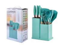 Vente en gros d'ustensiles de cuisine en silicone antiadhésif ensemble d'ustensiles de 19 pièces spatule à soupe en bois support de cuillère cuisson seau de cuisson usage domestique