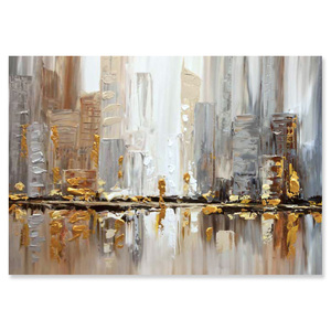 Pintura al Óleo Moderna Hecha a Mano <span class=keywords><strong>de</strong></span> Paisaje Urbano con Edificios Dorados, Lienzo <span class=keywords><strong>de</strong></span> Artista Profesional, Decoración Artística con Técnica <span class=keywords><strong>de</strong></span> Cuchillo - Product Image 1